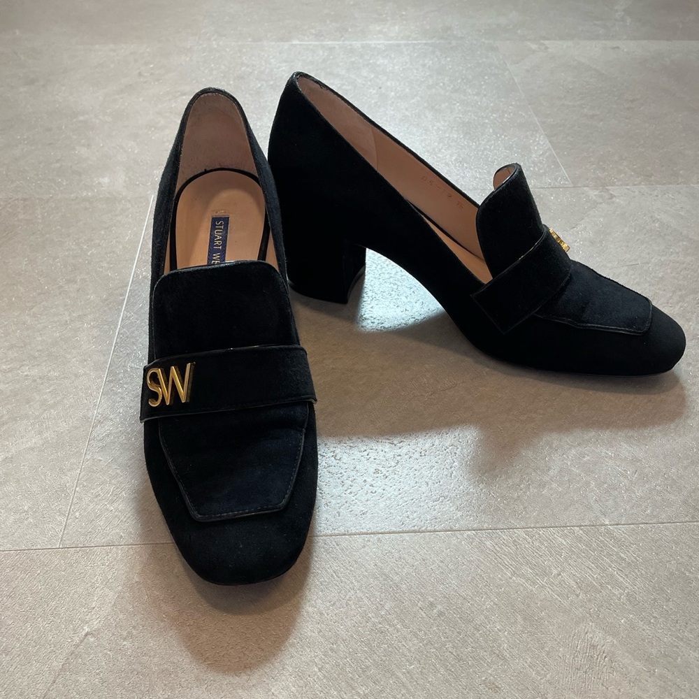 Stuart Weiztman Black Suede Heeled Loafers Size 6